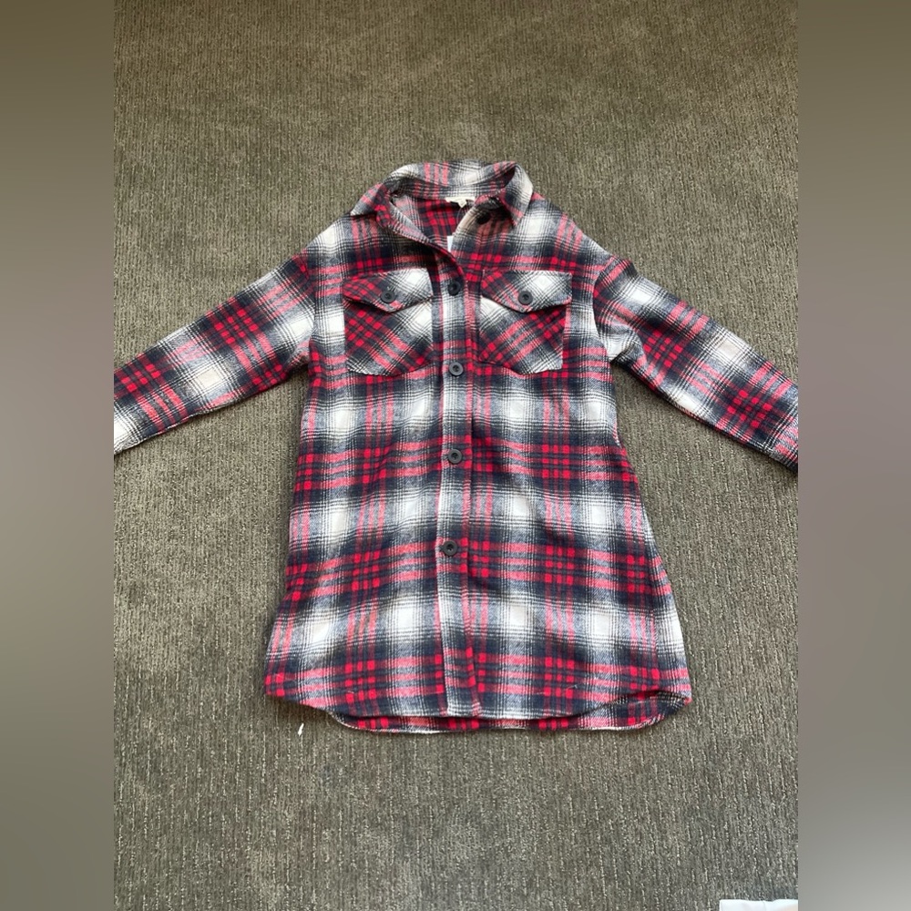 Red/white/black plaid coat, knee length, size small